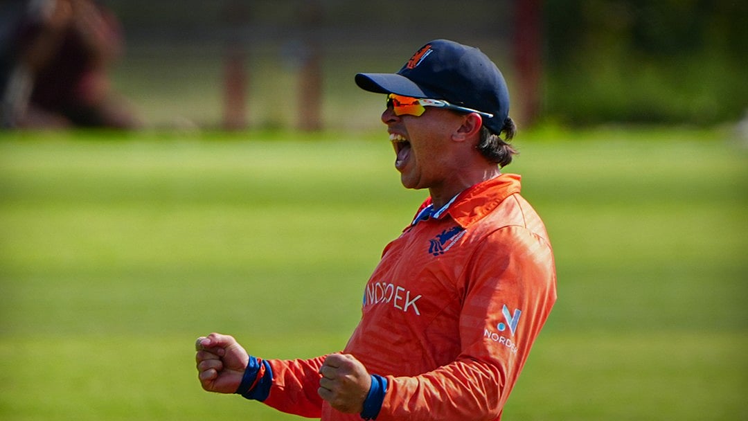 Photo: X | Cricket Netherlands : Noah Croes reaction after taking a brilliant catch.